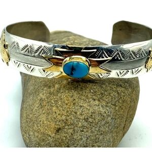 Silver & 14k Gold Cuff Bracelet with Turquoise Stone